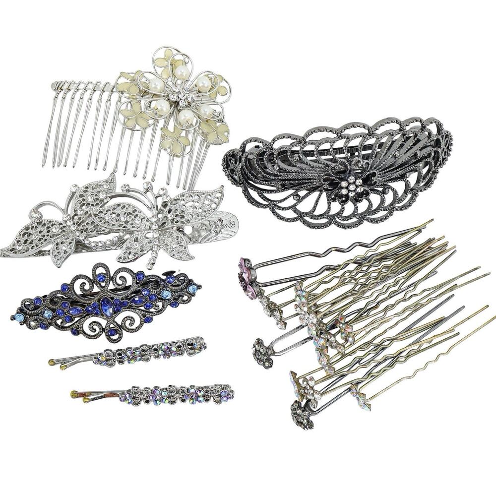 Vintage Bridal Romantic Gothic Hair Accessories Lot Rhinestone Barrettes Pins